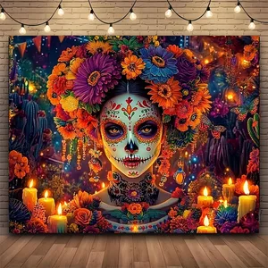 Tapiz de calavera de azúcar de poliéster de gran tamaño Día colorido de la decoración de la pared muerta Festival Festival Farty 10 mejores ventas de decoración de calavera de azúcar - №5