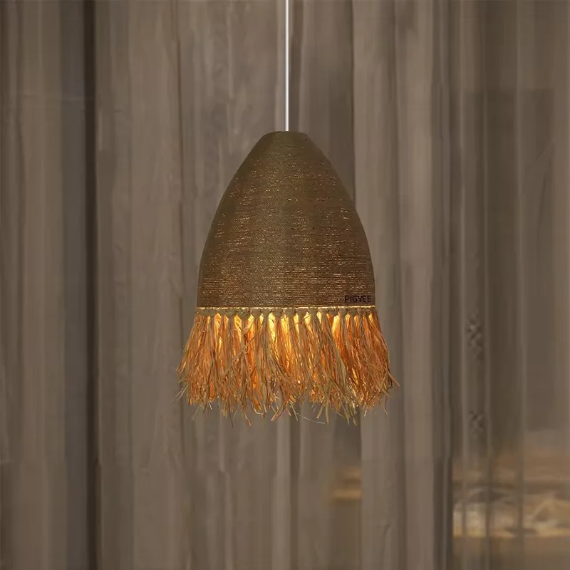 Retro Woven Rattan Pendant Light Wabi Sabi Restaurant Bar Cafe Dining Room Decor led Chandelier Bedside Hanging Lamp Fixture