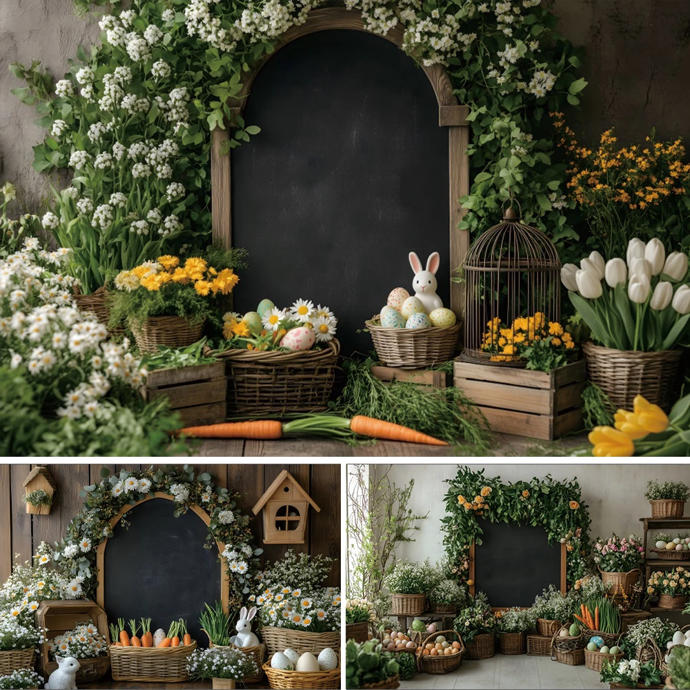 

Easter Color Eggs Rabbit Photography Backdrop Easter Bunny Carrot Daisy Photo Black Wooden Board Baby Shower Photo Background