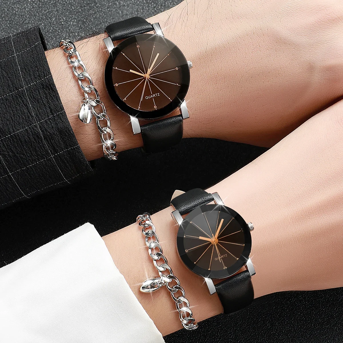 AAA4 Pçs/set Casal Relógios Moda Strass Homens Mulheres Pulseira De Couro Relógio De Quartzo Ímã Coração Pulseiras Conjunto