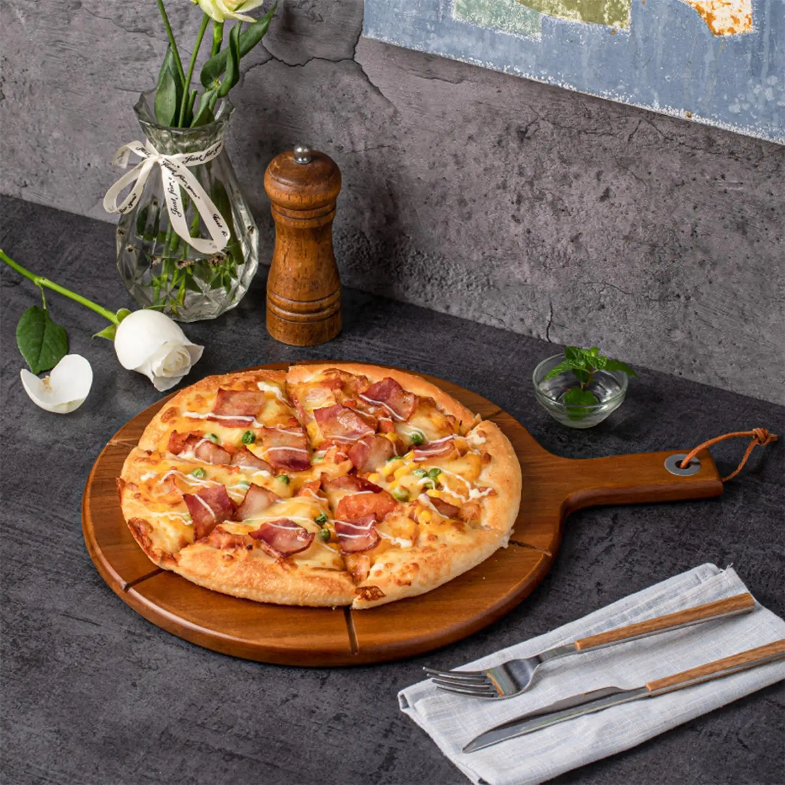 

Разделочная доска для пиццы с 6 канавками и ручкой, круглая деревянная разделочная доска, весло для пиццы для дома, кухни, аксессуары для духовки для выпечки