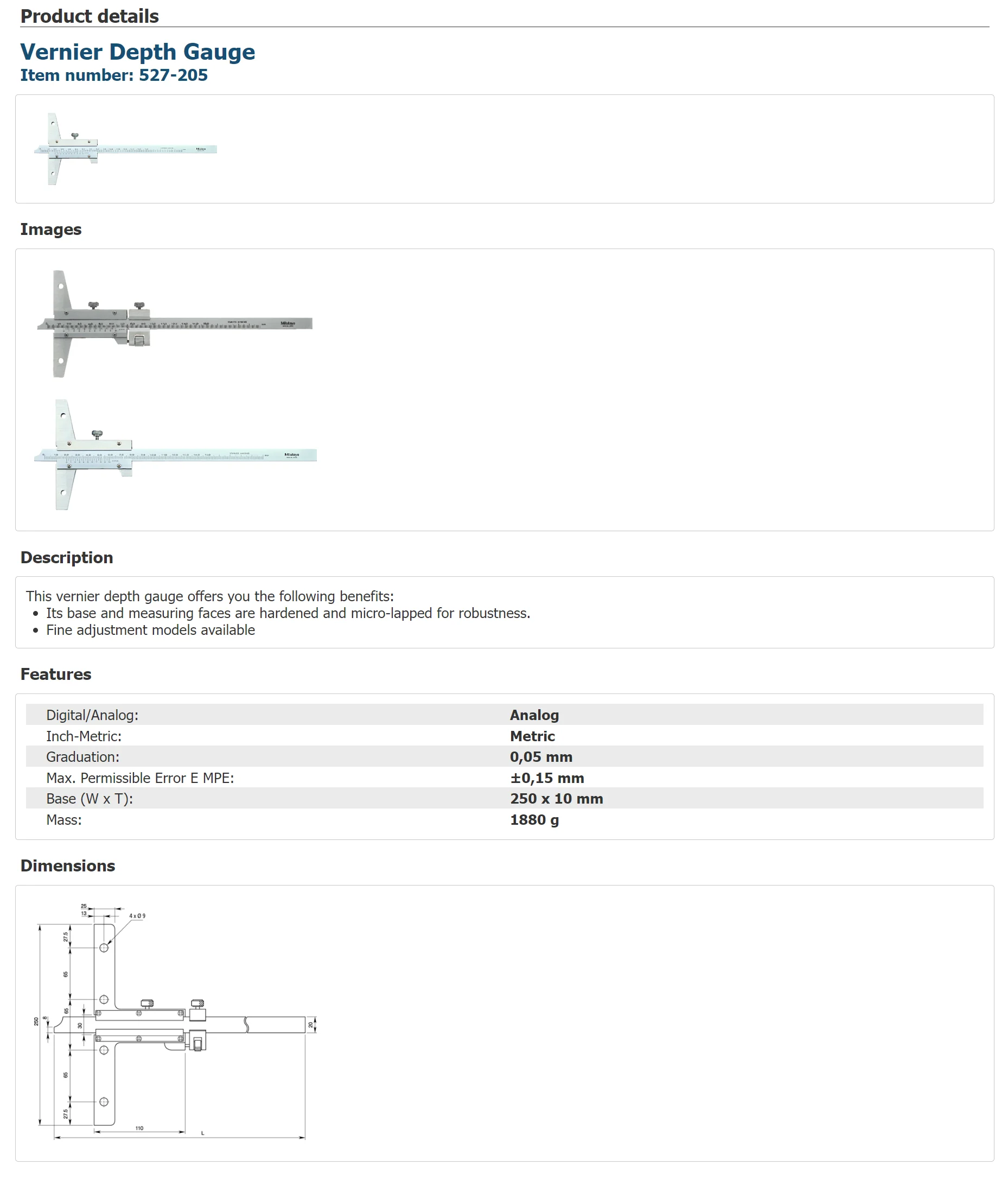 Mitutoyo 527-205 Vernier Depth Gauge , 0-1000mm Range , Metric , 0.05mm Graduation , +/-0.15mm Accuracy , Caliper Type