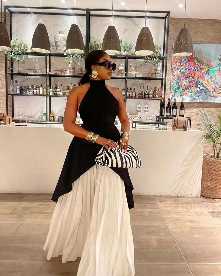 New Couture 2 Pieces Women Set Black Top And Loose Pleated Pant Fashion Women Maxi Dresses To Formal Party