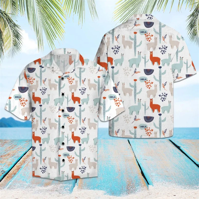 

Funny Llama Pattern Hawaiian Shirt Summer Casual Beach Vacation 3D Alpaca Printed Shirt Loose Breathable Cute Animal Graphic Top