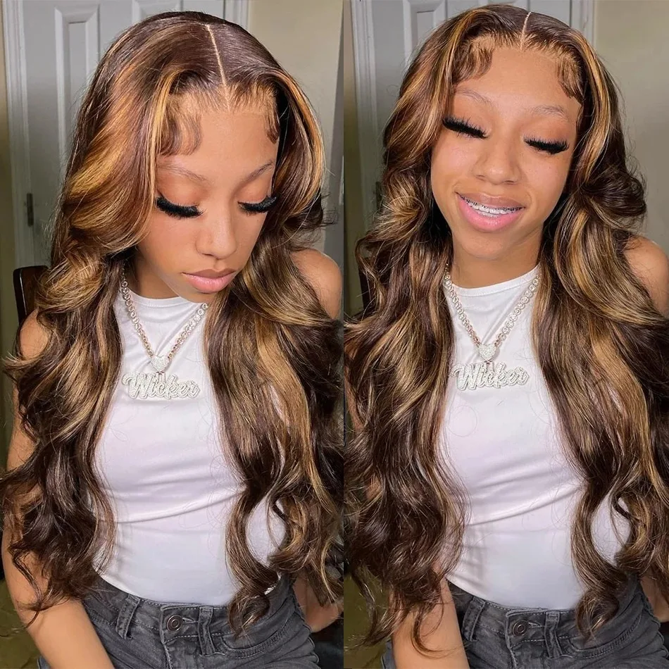 

Highlight Wig Body Wave Ombre Brown Lace Front Human Hair Wigs For Woman HD Transparent Lace Frontal Wig Colored Human Hair Wigs