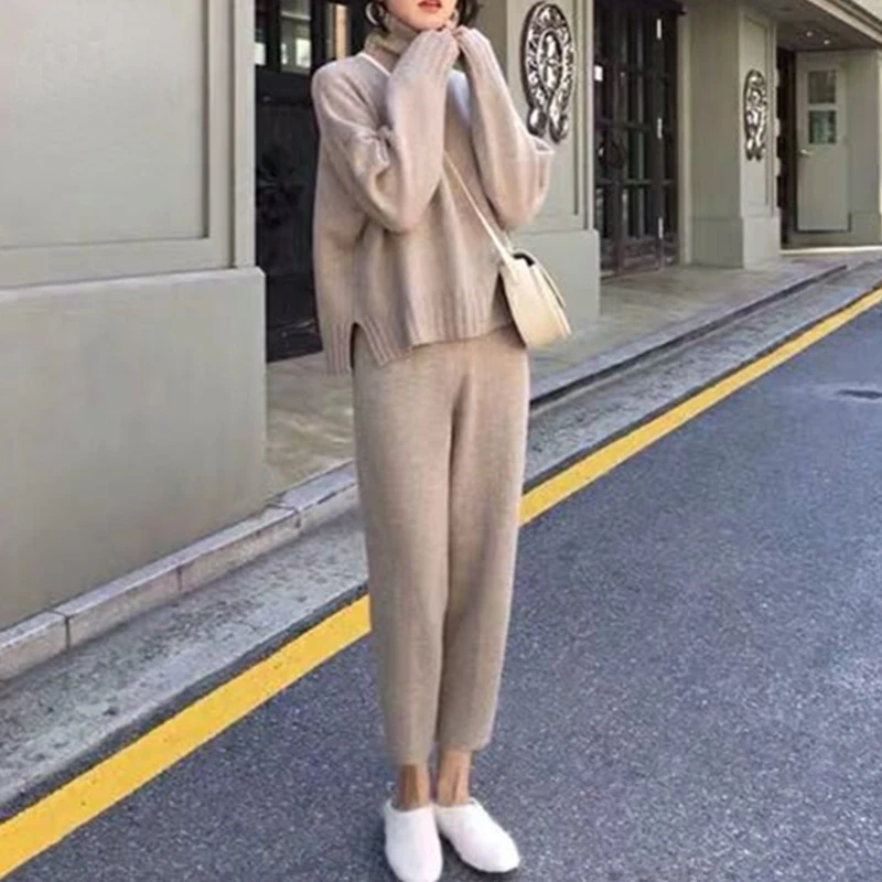 

Women's Casual Warm Turtleneck Sweater 2 Pieces Pants Set Winter Female Fashion Clothes Ladies Knit Tops Trouser N428