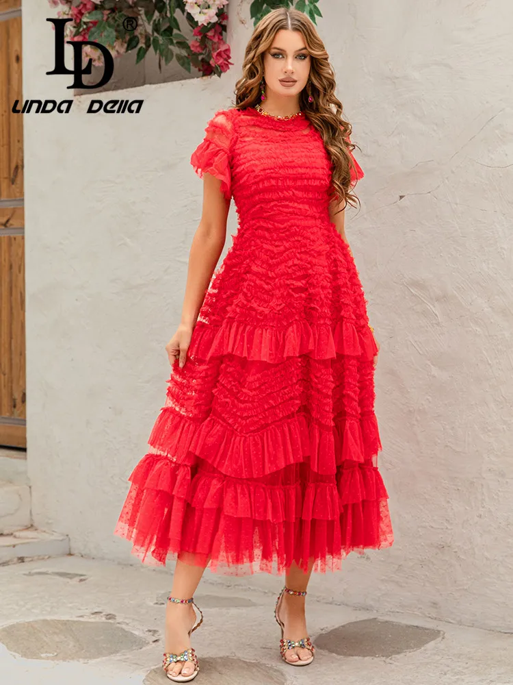 Ld linda della 2025 verão novo vestido, em torno do pescoço manga curta borda cogumelo em camadas malha, elegante vestido retro senhora