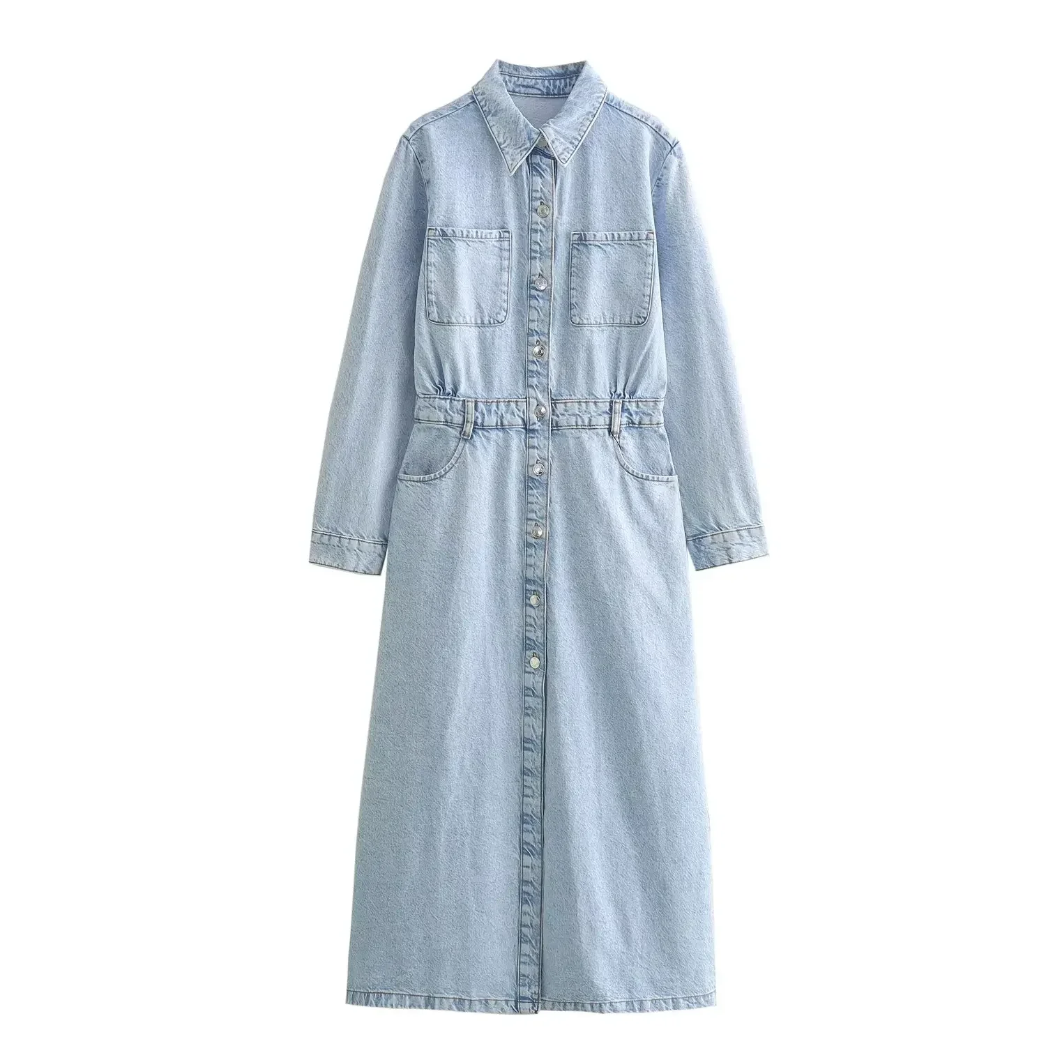 

Women's 2024 New Casual Fashion Denim Fabric Pocket Decoration Midi Dress Retro Long-sleeved Lapel Women's Chic Dress Mujer