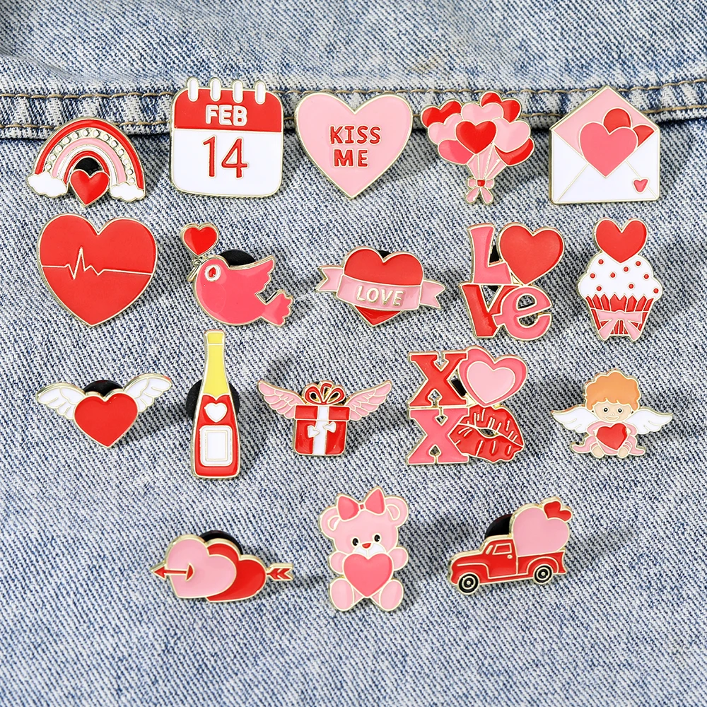 Creative Valentine Themed Enamel Pins FEB 14 Calendar LOVE Letter Kiss Me Heart Brooches Unique Romantic Gift for Lovers Badge