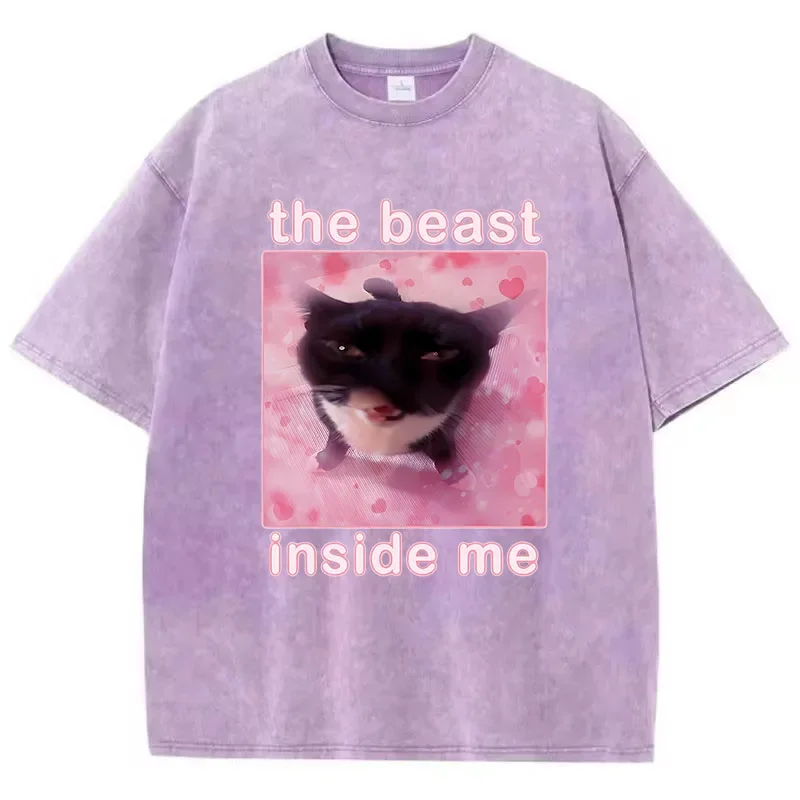 Streetwear T Shirt Vintage Washed 100% Cotton T-Shirt The Beast Inside Me Cat Graphic Tee Casual Streetwear Spring Summer Shirt