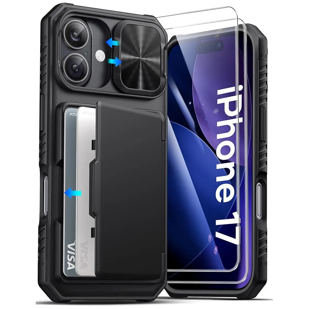 for iPhone 17 Case Wallet with HD Tempered Glass Screen Protector [2 Pack], Card Holder & Slide Camera Cover, Military Grade