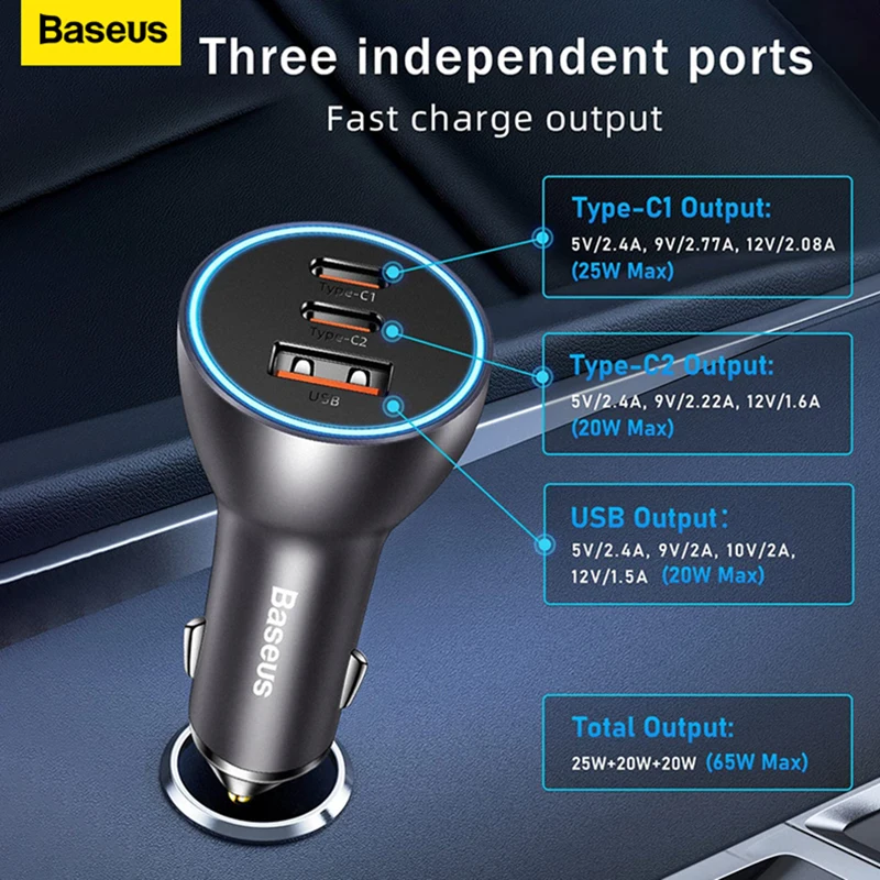 Baseus 65W USB Type C Car Charger Quick Charge QC 4.0 PD 3.0 Fast Charge Charger in Car For iPhone 13 Pro Xiaomi Samsung Huawei