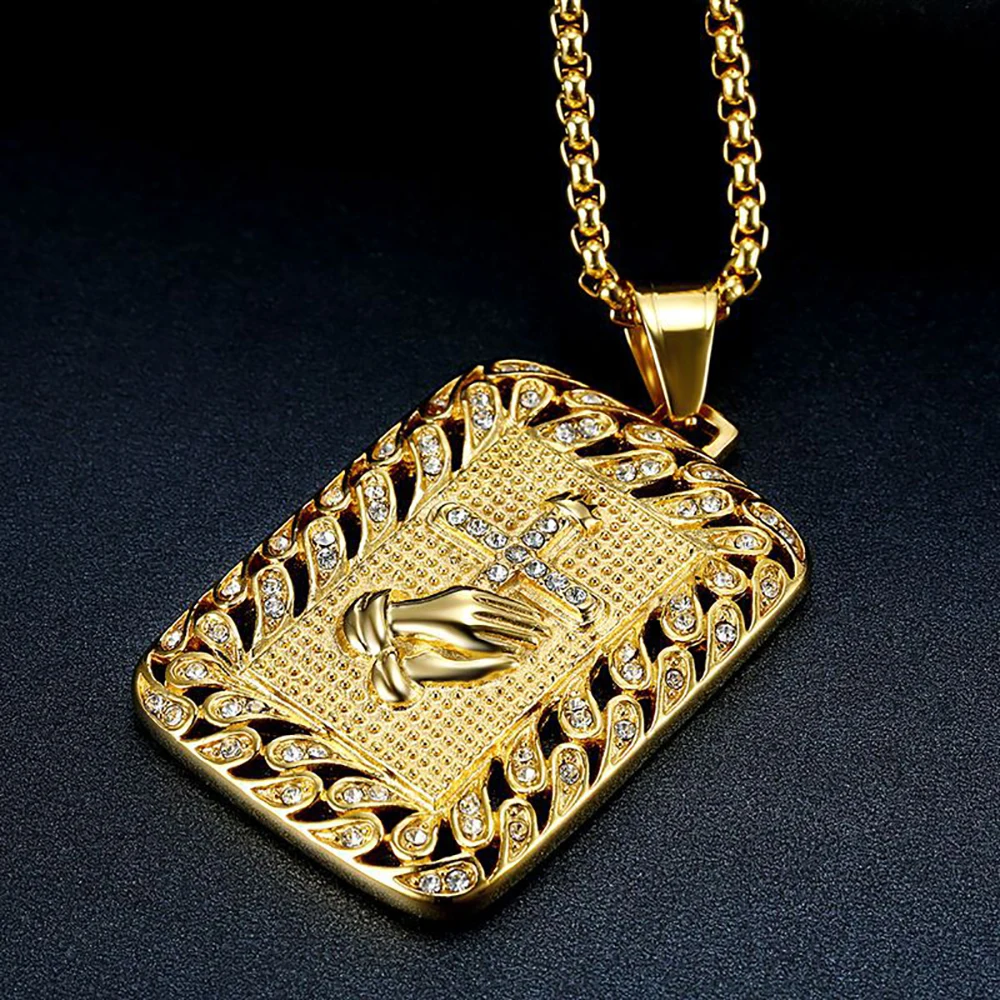 Religious Praying Hands Cross Pendant Male Gold Color Stainless Steel Christian Square Necklaces for Men Jewelry Gift