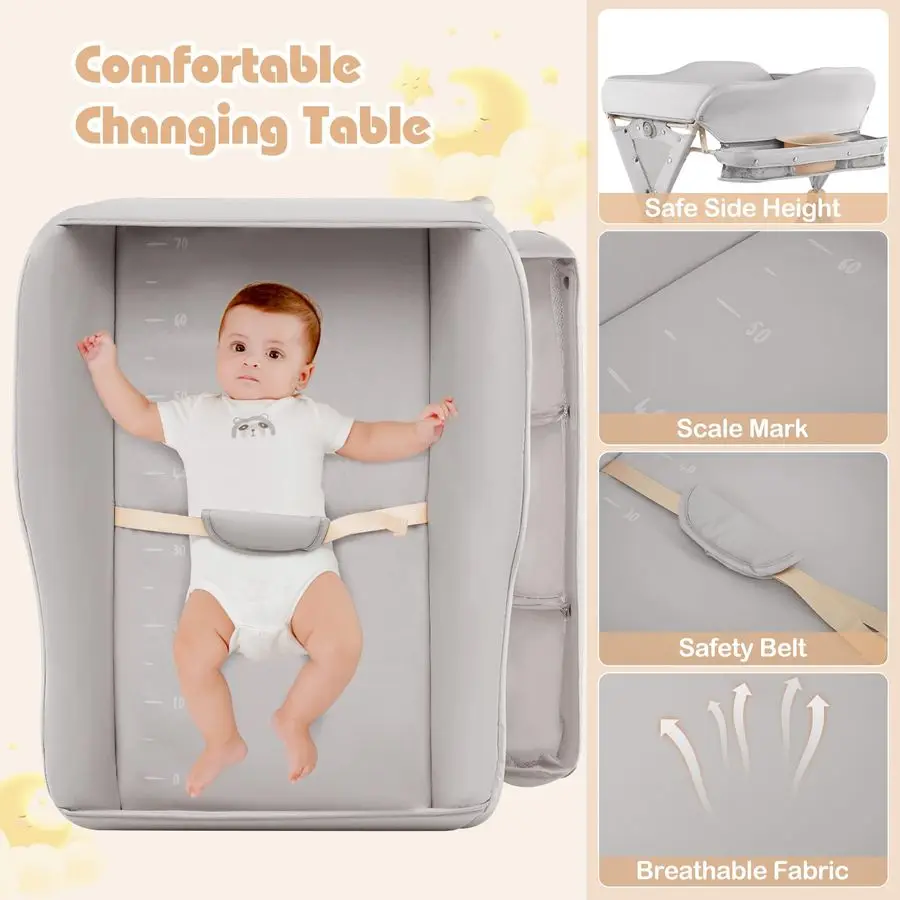 Baby Changing Table with Wheels, Portable Folding Diaper Station Nursery Organizer with Storage Basket, Hanging Rack, Adjustable