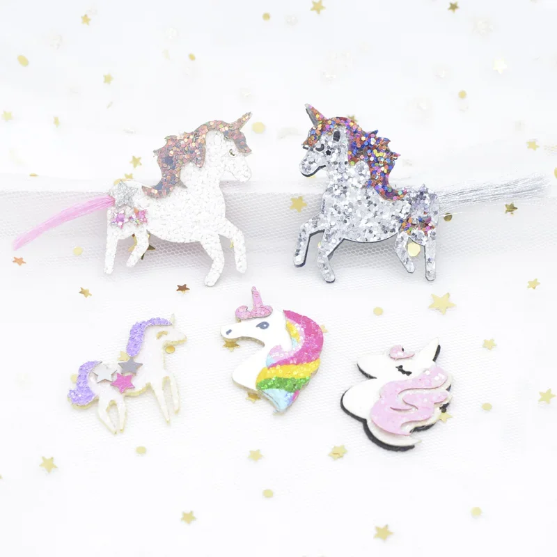 5Pcs Multiple Styles Glitter Fabric Appliques Cartoon Unicorn Horse Padded Patches for DIY Clothes Headwear Hair Clips Decor