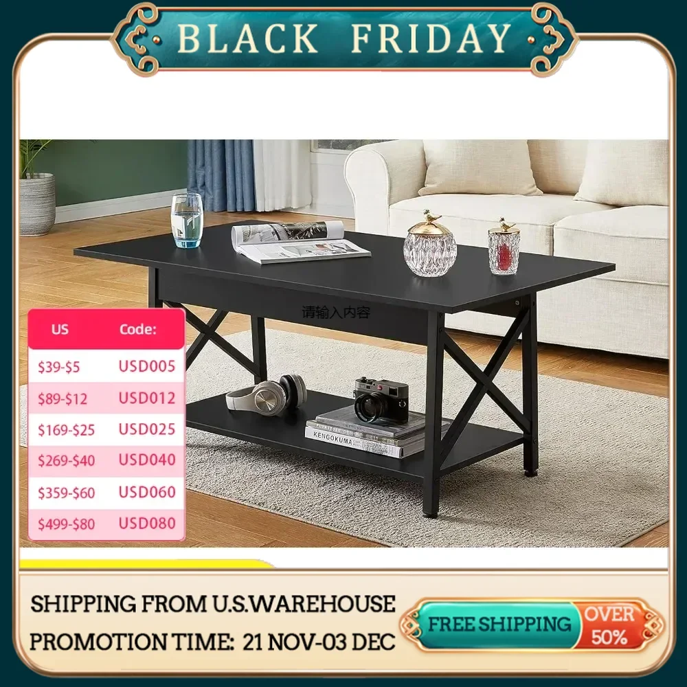 Coffee table with storage shelves, 2 tiers rectangular living room center table, suitable for home office, easy to assemble