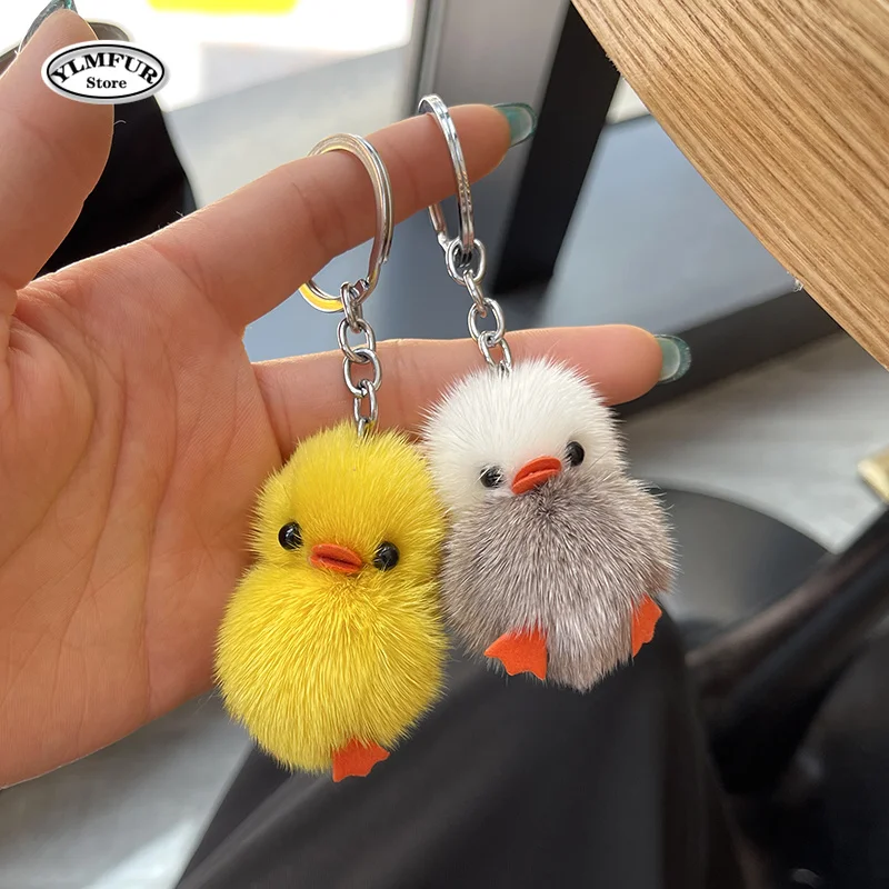 Keychain Mink Fur Furry Yellow Duck Pendant Key Ring Fluff Soft Chick Keychains Car Key Ring Easter Keyring Handbag Jewelry