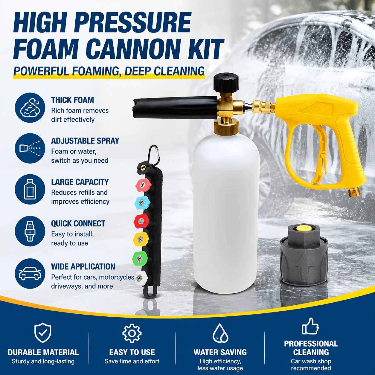 

Universal Car Wash Foam Pot Set, High Pressure Gun, 5 Multi-angle Nozzles & Quick Connectors for Home & Shop Use