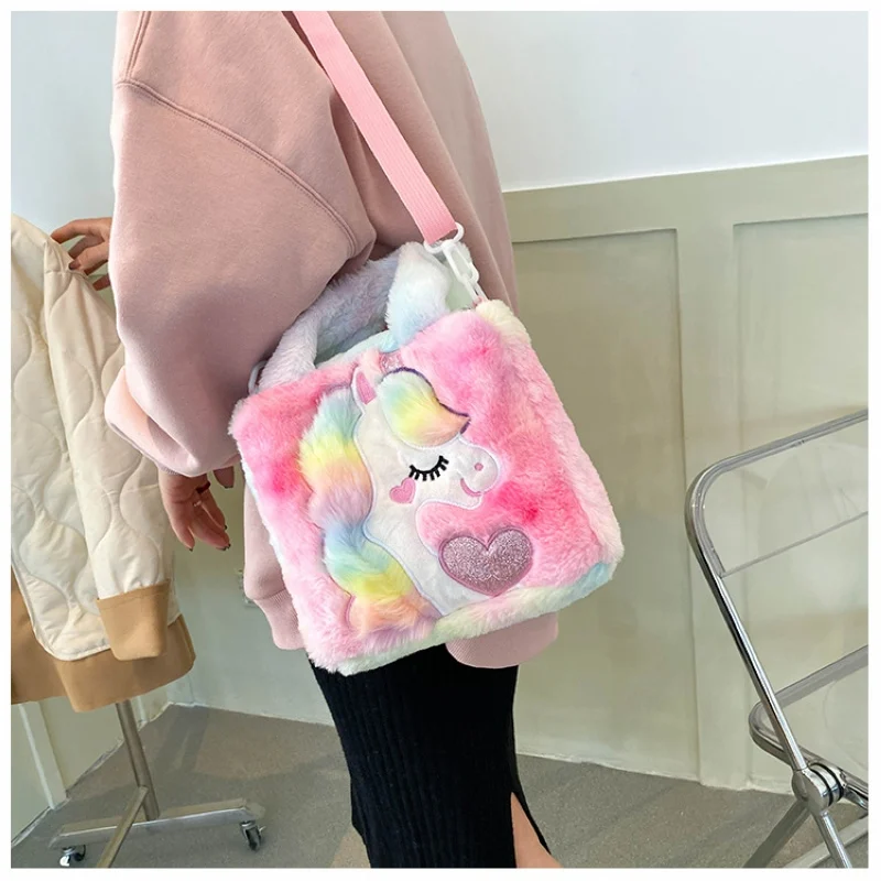 Cute Women's Plush Cartoon Unicorn Bag Lady Winter Fluffy Fur Rainbow Color HandBags Girls Party Gift