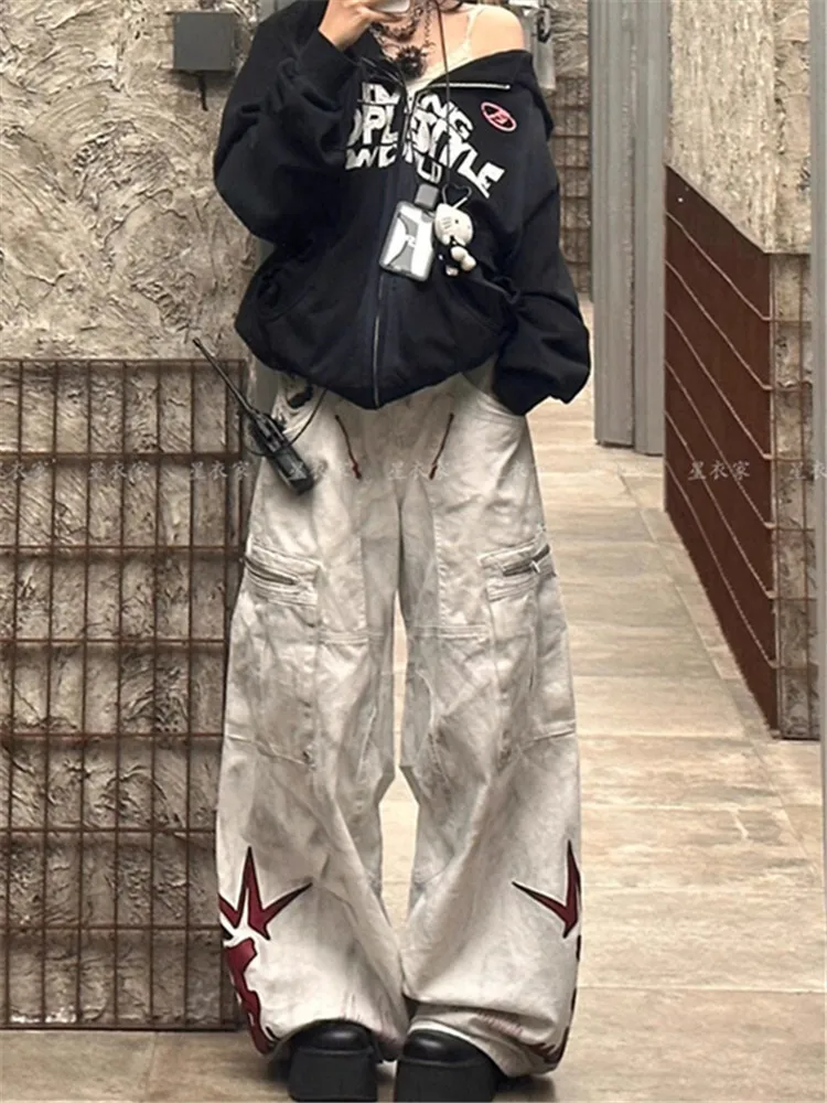 Women Jeans Parachute Cargo Pants Men Hip Hop Wide Leg Trousers Male Denim Pants Streetwear Loose Oversize Korean Hip Hop