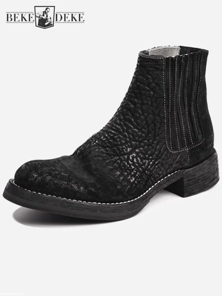 

Handmade High Quality Vintage Mens High Top Shoes Horsehide Real Leather Boots Men Slip On Round Toe Design Chelsea Short Boots