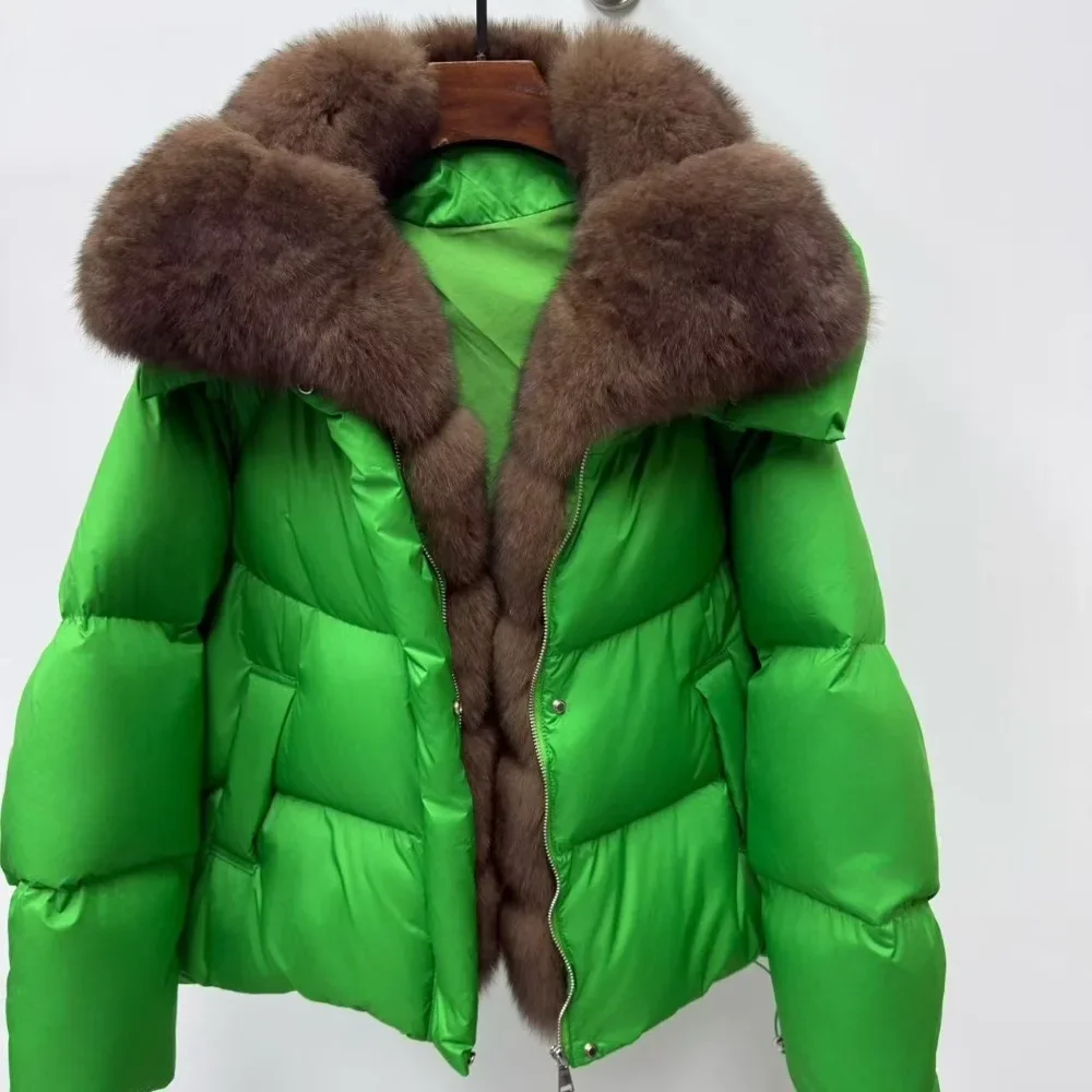 Invierno Real Natural piel de zorro cuello cálido suelto mujeres 90% pato blanco abajo chaqueta de gama alta grueso abajo abrigo corto acolchado