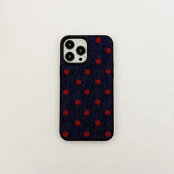 한국어 INS 데님 천 레드 폴카 도트 빈티지 세련된 전화 케이스 iPhone 16 15 14 13 Pro Max 후면 전화 커버 Capa