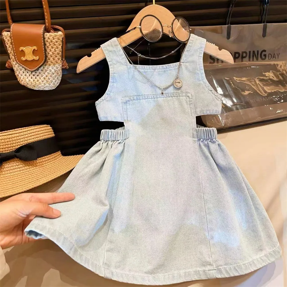 

Kids' Waist - Revealing Design Casual Princess Dress Stylish Children Outfit Summer Girls Blue Denim Sling Dress 2 - 7 Years Old