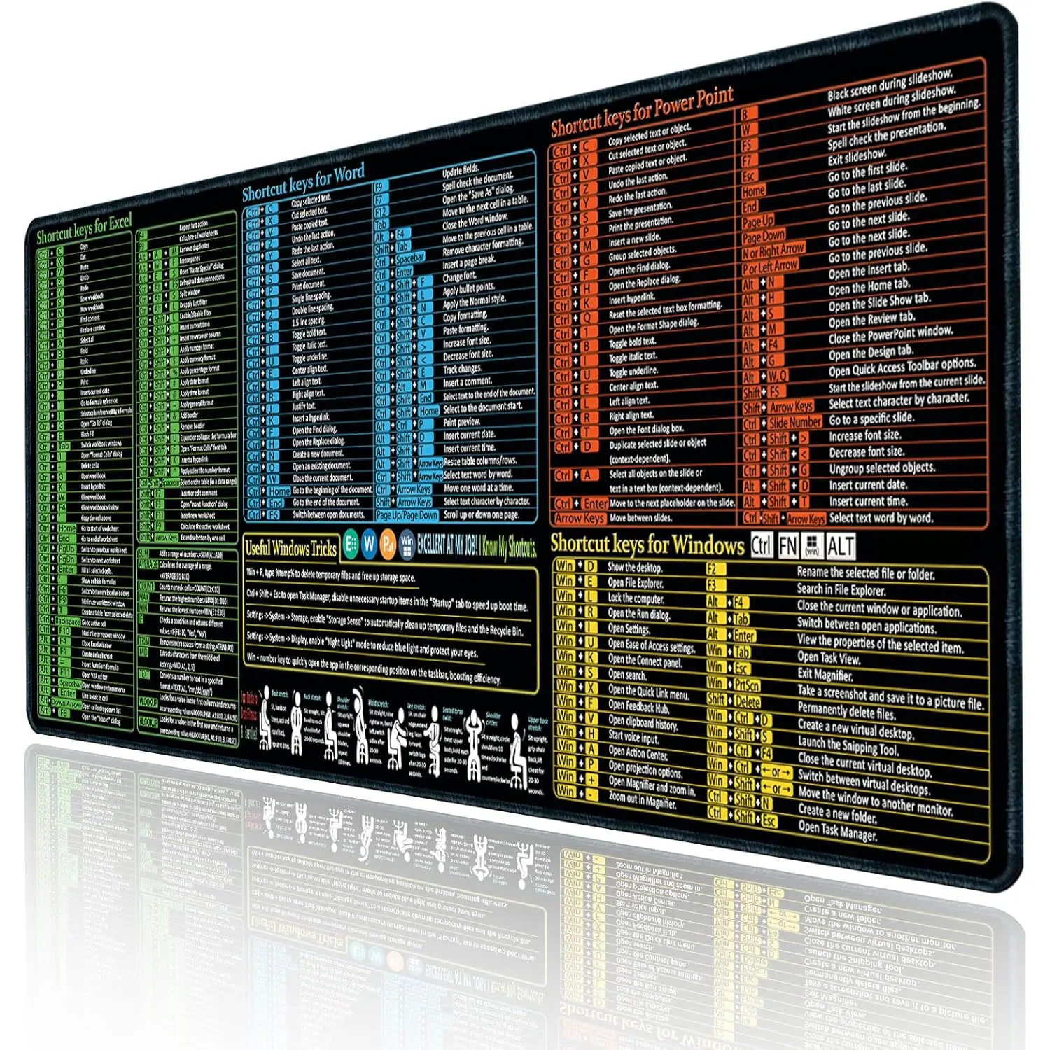 Excel/Word/Power Point/Windows Mouse pad,Non-Slip Waterproof Large Game Office PC Desk mat,Over 200 Keyboard Shortcuts Mousepad