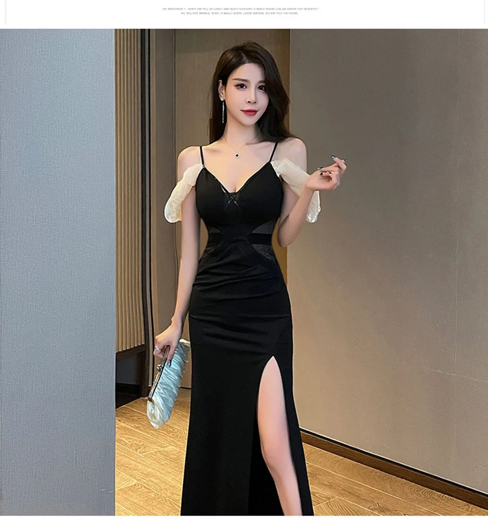 

Sexy Women's Evening Dress 2024 New Sim Fit Off The Shoulder Contrasting Colors Puff Sleeve High Fork Cocktail Party Vestido