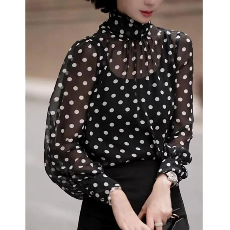 Women Fashion Polka Dot Printed Ruffled Blouses Office Lady Sexy Sheer Elegant Commute Shirts Half High Collar Long Sleeve Tops