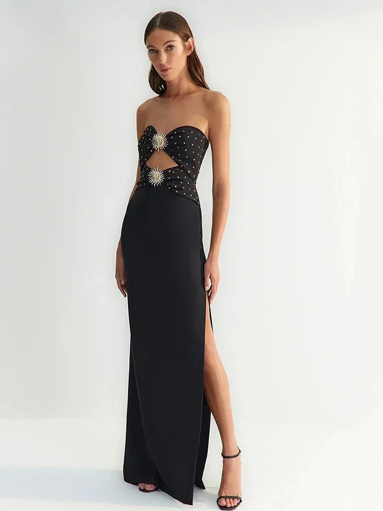 

Black & Pink Sexy Strapless Hollow Out Diamond High Slit Bandage Dress - Shinning Rhinestones, Long Bodycon Celebrity Gown