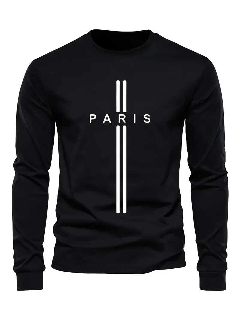 

PARIS Letter Print Men's T-shirt Spring And Autumn Casual Simple And Comfortable Round Neck Long Sleeved Sport T-shirt Male Tops