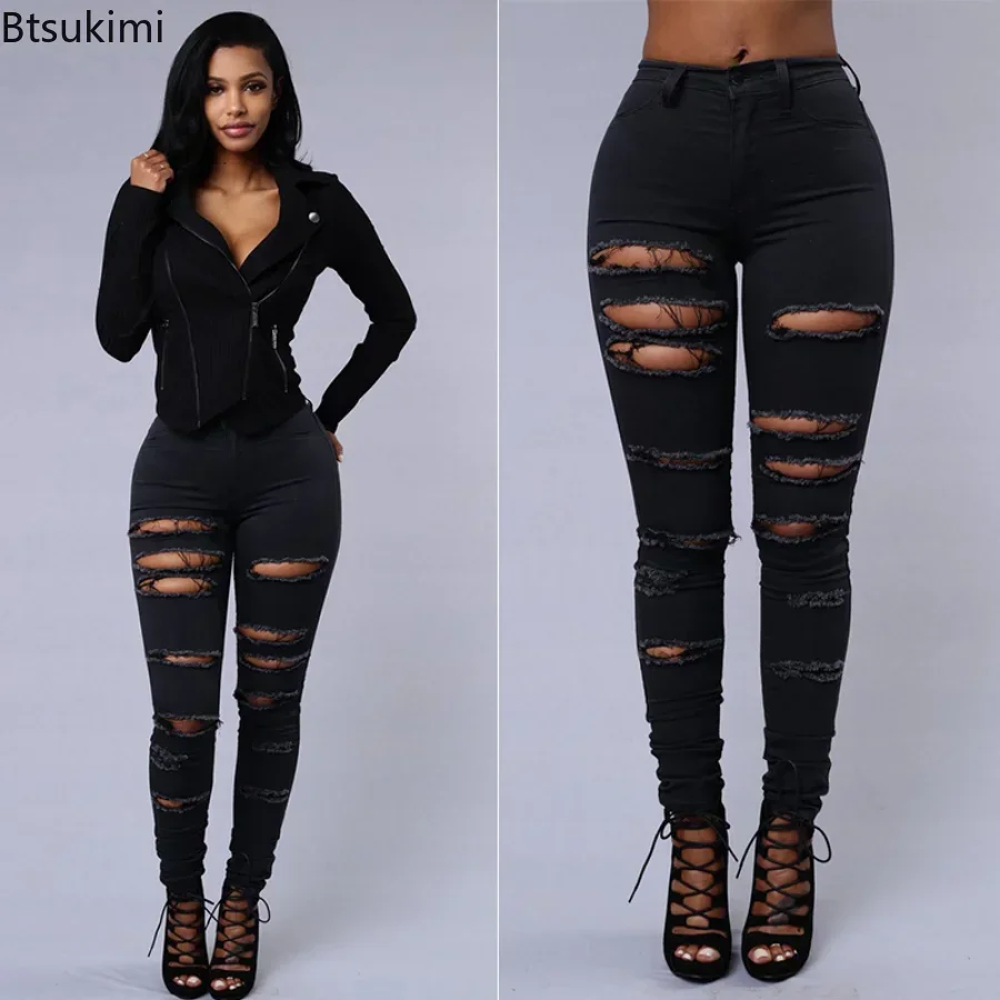 2024 Women\'s Stretch Skinny Ripped Hole Washed Denim Jeans Female High Waist Pencil Y2k Pants Jeans Ladies Casual Trousers Pants