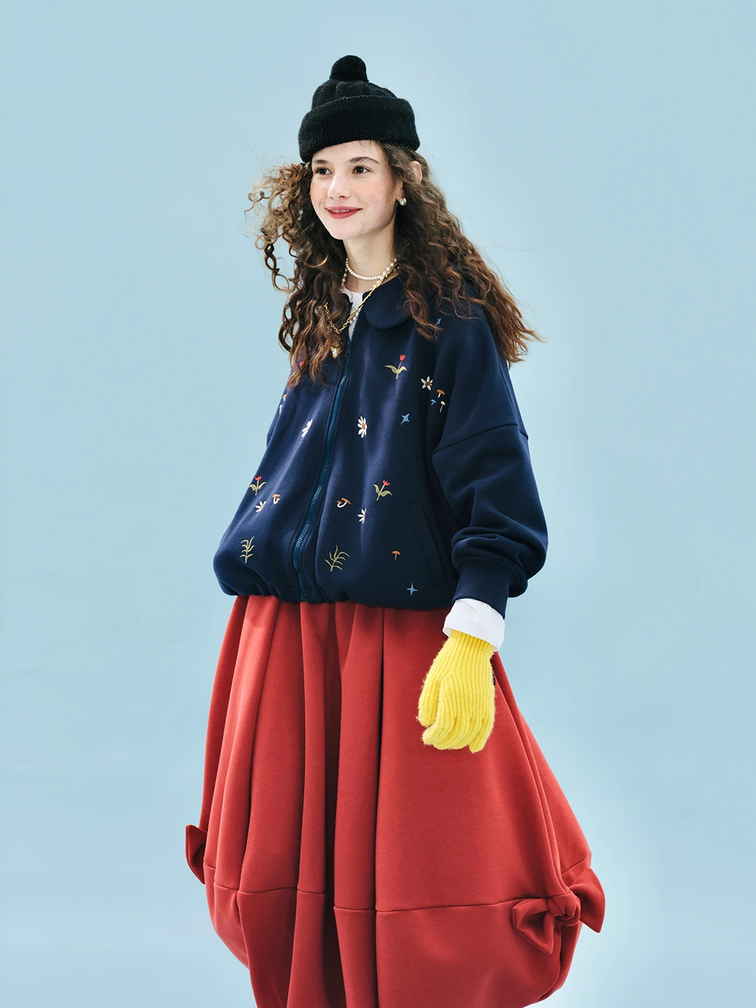 Women's Navy Blue Floral - Embroidered Collared Sweatshirt Outdoor Outings Sweet and Eye - Catching 255223