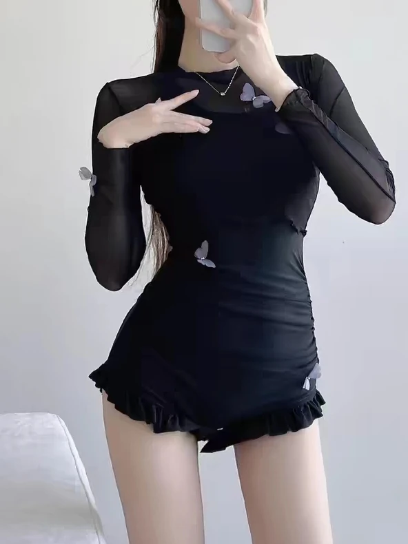 

Teen Girl One-Piece Swimsuit Long Sve Sun Protection Casual Swimwear Japanese Sle Pure Desire Design Nylon Spandex Polye...