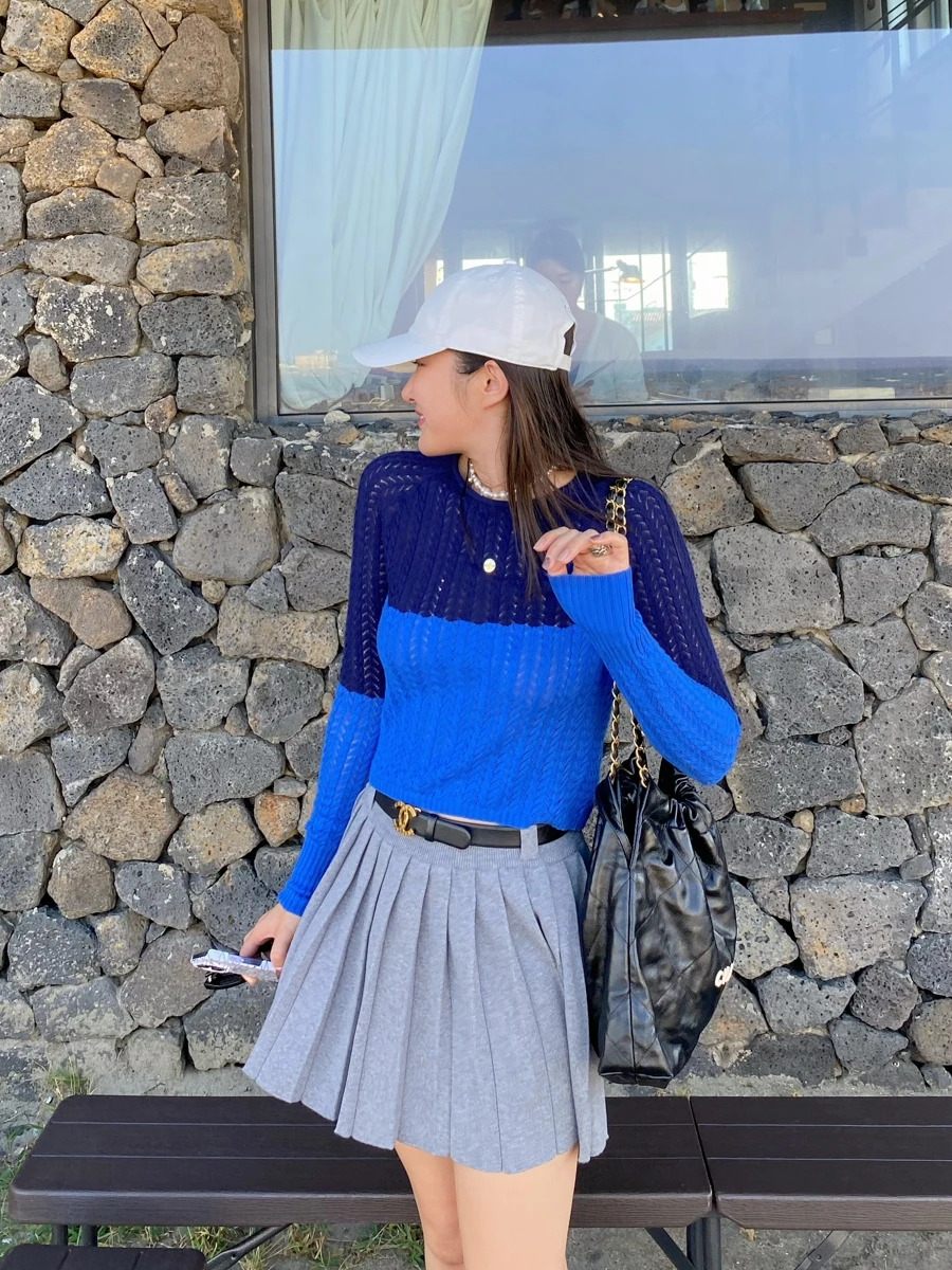 

Ультракомфортный вязаный хлопковый джемпер с 48 стежками, цветными блоками, модный базовый топ для женщин, для повседневной носки, с длинным рукавом