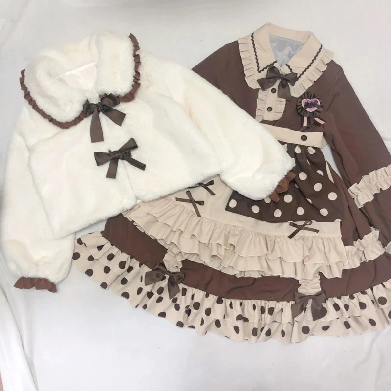 Japanese Sweet Lolita Style Cropped Jackets Women Kawaii Peter Pan Collar Bow Overcoat All Match Y2k Soft Plush Winter Outerwear