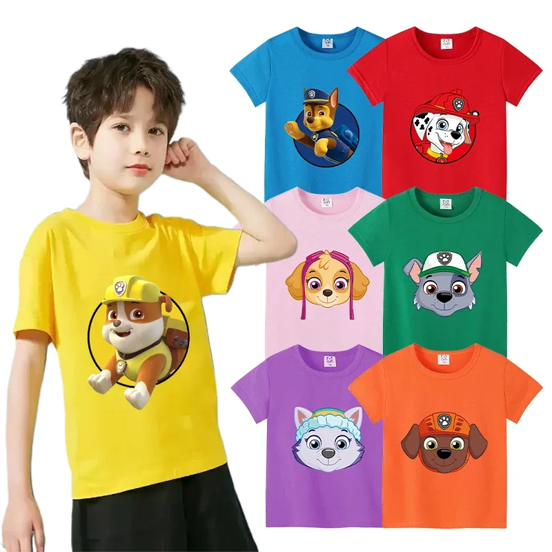 PAW Patrols Kids Clothing Anime Marshall Rubble Chase Rocky Zuma Skye Everest Summer Short Sleeve Cotton T-shirt Boys Girls Tops