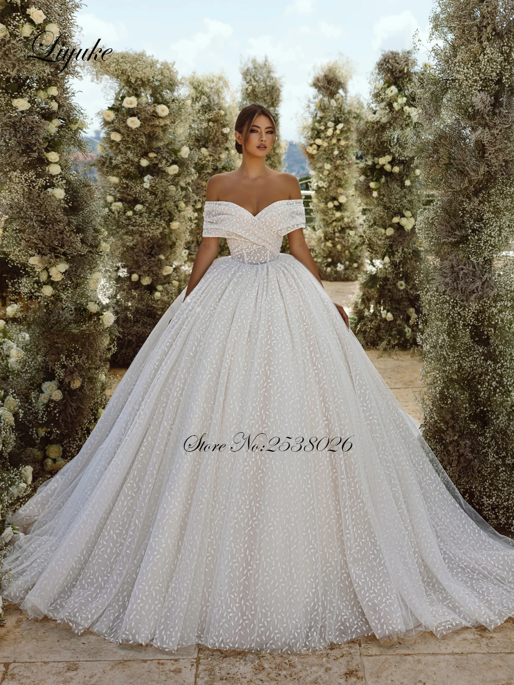 Liyuke Beauty Lace Off The Shoulder Court Train Floor-Length Ball Gown Wedding Dresses