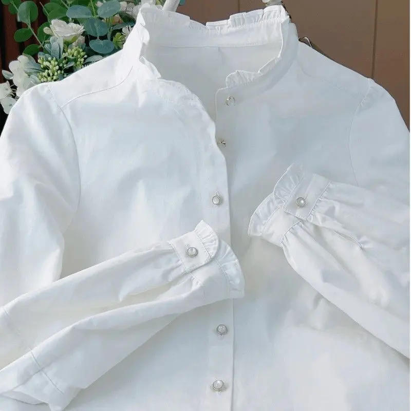 

2025 Spring New Design Top With Lotus Leaf Edge Women's Stand Up Collar Long Sleeve Cotton White Shirt