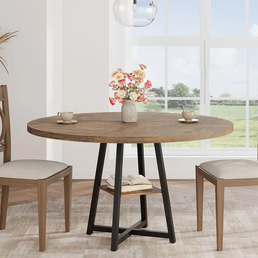 

47 Round Dining Table for 46 People, Wooden Circle Kitchen Table with Storage Shelf, Industrial Dining Room Table for Kitchen,