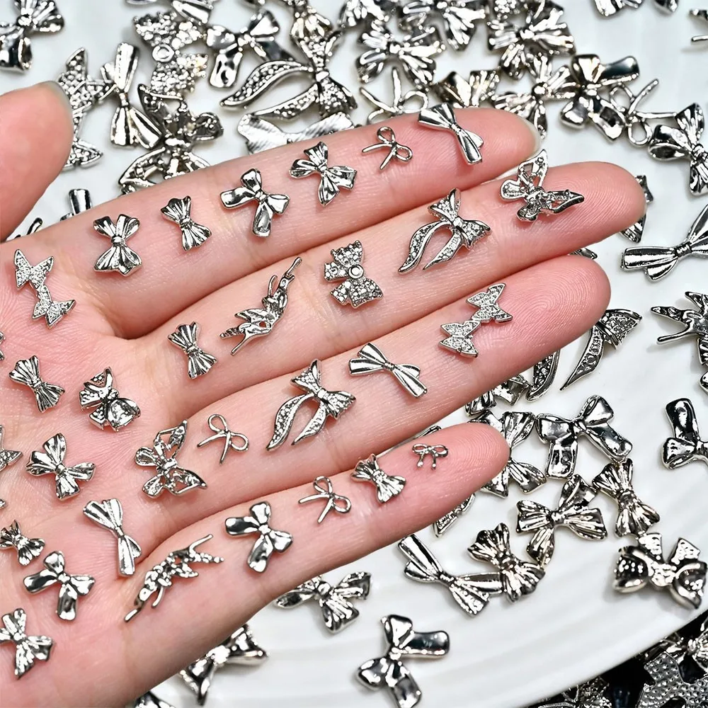 50Pcs mix Shiny Metal Silver Bow Butterfly Nail Charms Cute Alloy Bowtie Ribbon Nail Rhinestones Kawaii Bowknot Nail Supplies D3