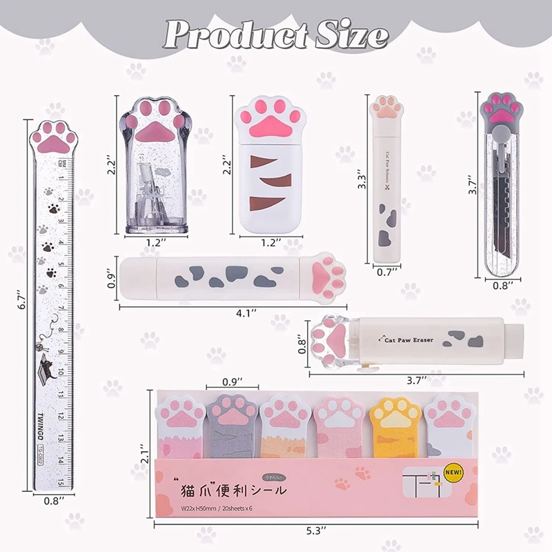 8 Pcs Cute Cat Paw Stationery Set Kawaii School Supplies Including Pencil Sharpener Retractable Eraser Reusable (White)