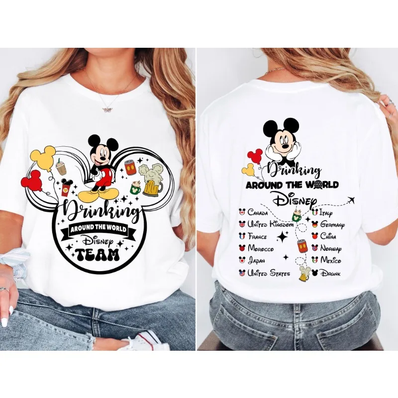 Koszulka Epcot Drinking T-shirt Mickey Friends Drinking Team Koszulka Festiwal Światowej Kuchni i Wina Koszulka z czystej bawełny z okrągłym dekoltem