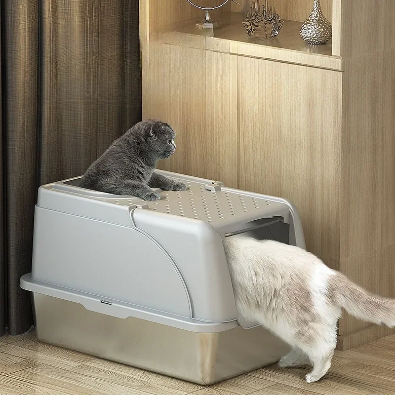 Stainless Steel Cats Litter Box Fully Enclosed Easy Clean Cats Toilet Large Space Leak Proof Cat Litters Pet Supplies