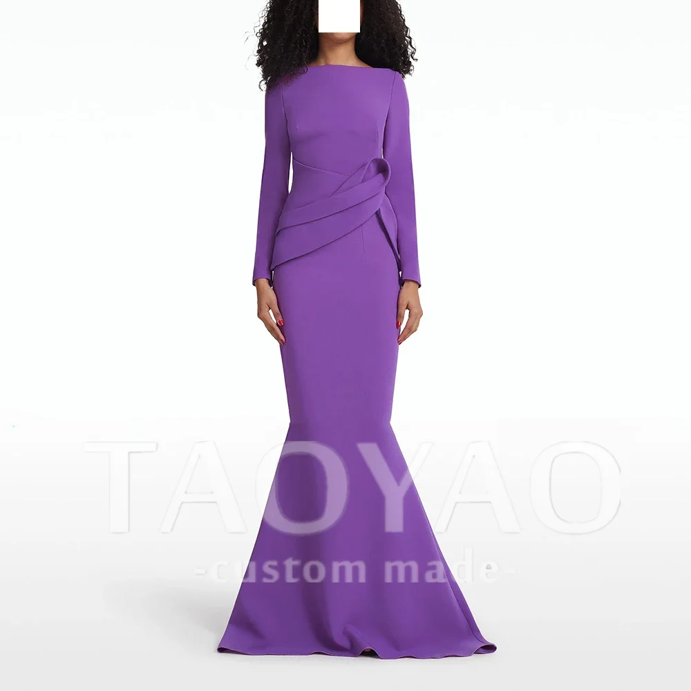 

Purple Customized Graceful Jersey O-Neck Mermaid Evening Dress High Quality Floor Length Long Sleeves vestidos para mujer