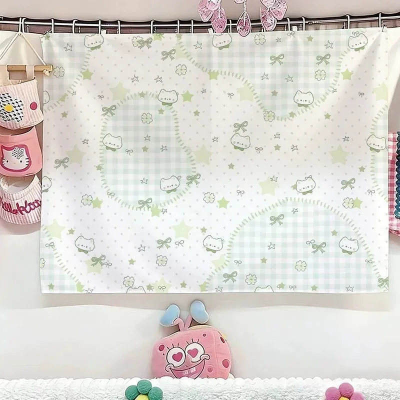 Cute Cat Tapestry Wall Hanging Kawaii Pastel Green White Stars Ribbons Paw Print Gingham Art Bedroom Dorm Home Decor Fans Gift