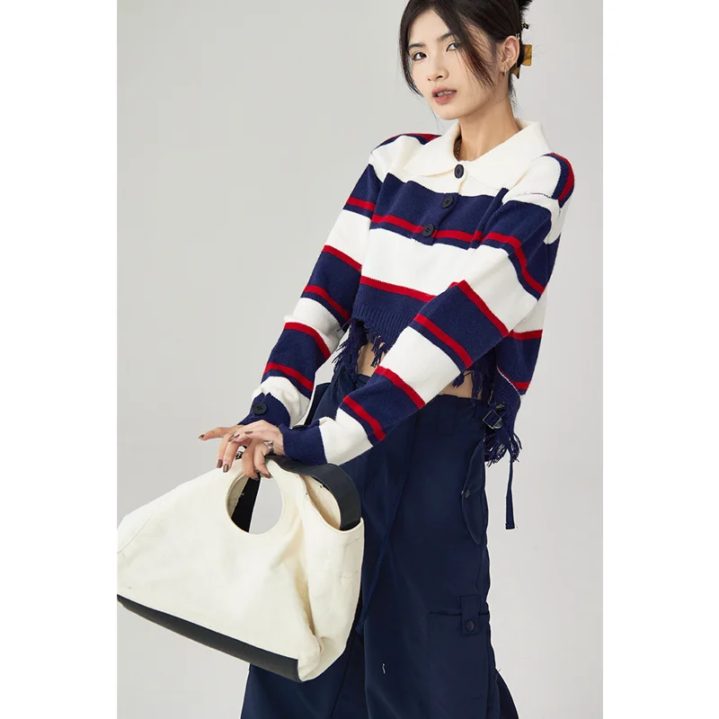 Women Navy Blue Stripe Sweater Short POLO Collar Contrasting Colors Fashion Tassels Leisure Winter Long Sleeves Knitting Tops