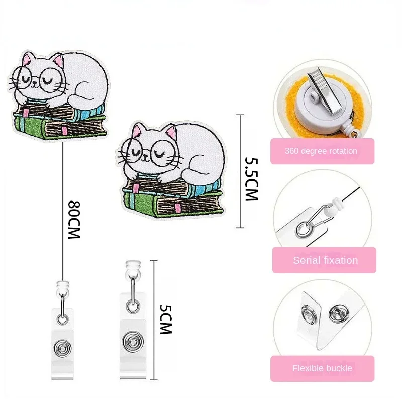 Kawaii Cat Embroidery Badge Reels Cartoon Cat Retractable Badge Reels Chest Pocket Work Card ID/IC Card Holder Accessories